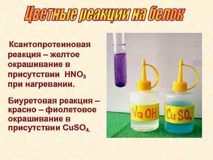 Ксантопротеиновая реакция – желтое окрашивание в присутствии НNO 3 при нагревании. Биуретовая реакция –