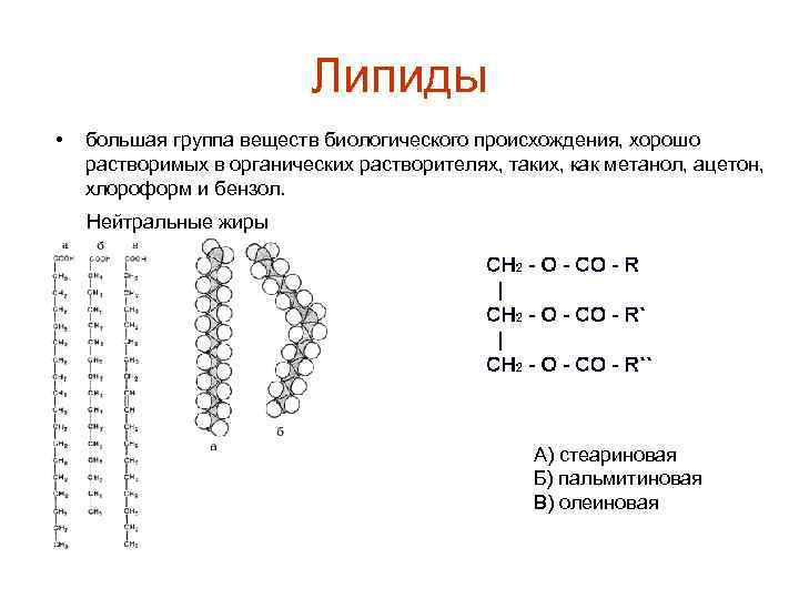 Липиды • большая группа веществ биологического происхождения, хорошо растворимых в органических растворителях, таких, как