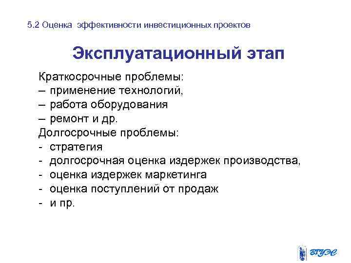 5. 2 Оценка эффективности инвестиционных проектов Эксплуатационный этап Краткосрочные проблемы: – применение технологий, –