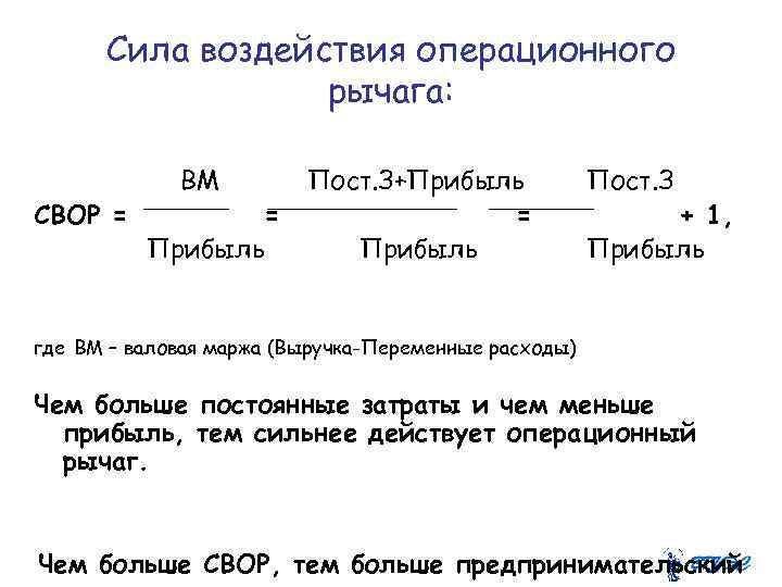 Сила воздействия операционного рычага: СВОР = ВМ = Прибыль Пост. З+Прибыль = Прибыль Пост.