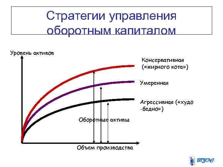 Стратегии управления оборотным капиталом Уровень активов Консервативная ( «жирного кота» ) Умеренная Агрессивная (