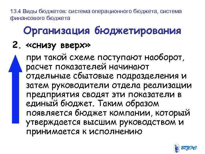 13. 4 Виды бюджетов: система операционного бюджета, система финансового бюджета Организация бюджетирования 2. «снизу
