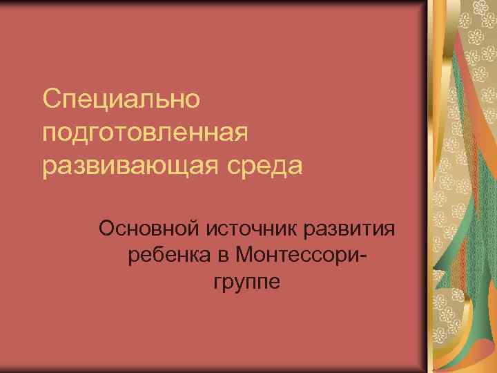 Специально подготовленная развивающая среда Основной источник развития ребенка в Монтессоригруппе 