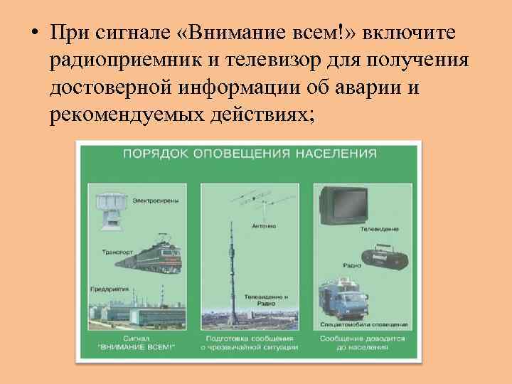  • При сигнале «Внимание всем!» включите радиоприемник и телевизор для получения достоверной информации