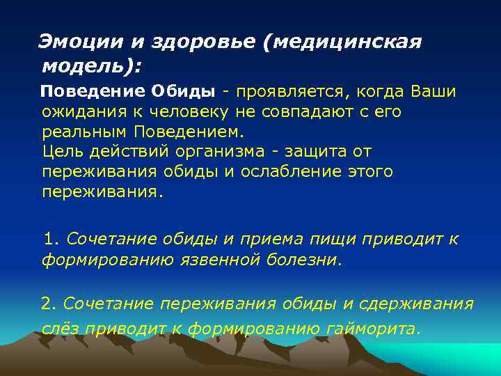 Эмоции и здоровье (медицинская модель): Поведение Обиды - проявляется, когда Ваши ожидания к человеку