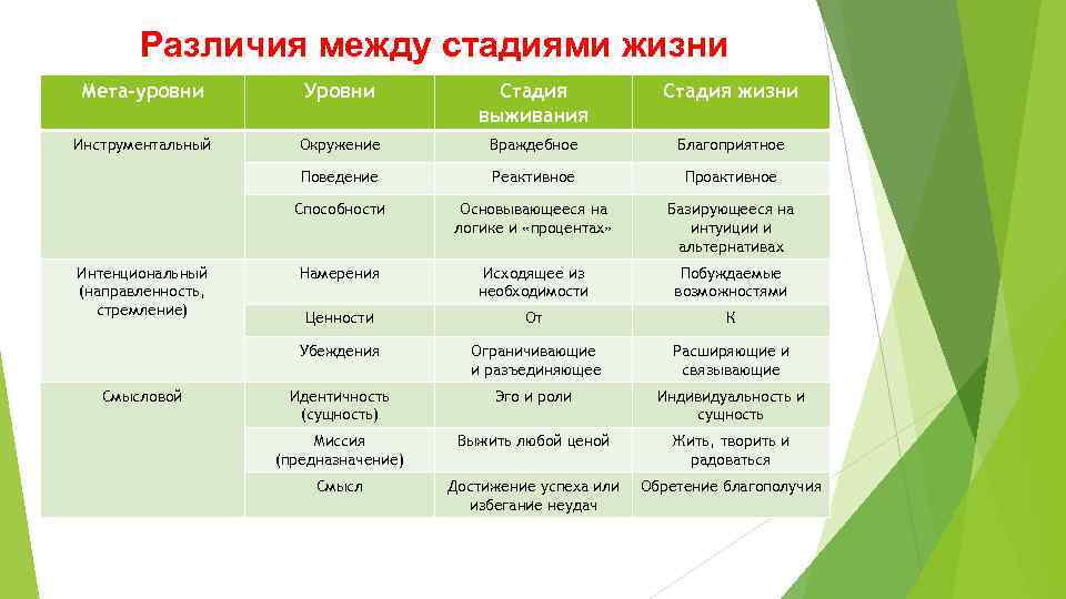 Различия между стадиями жизни Мета-уровни Уровни Стадия выживания Стадия жизни Инструментальный Окружение Враждебное Благоприятное