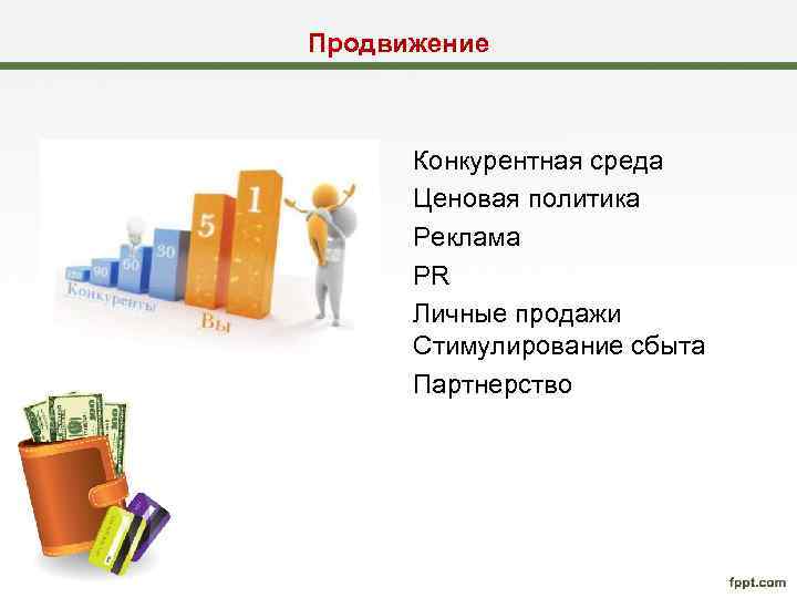 Продвижение Конкурентная среда Ценовая политика Реклама PR Личные продажи Стимулирование сбыта Партнерство 