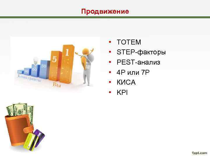 Продвижение • • • ТОТЕМ STEP-факторы PEST-анализ 4 Р или 7 Р КИСА KPI