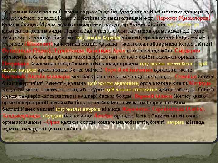 1917 жылы қазаннан 1918 жылы наурызға дейін Қазақстанның көптеген аудандарында Кеңес өкіметі орнады. Кеңес