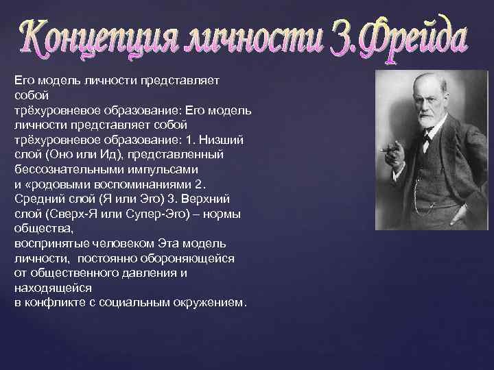 Его модель личности представляет собой трёхуровневое образование: 1. Низший слой (Оно или Ид), представленный