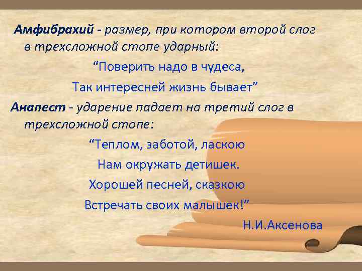  Амфибрахий - размер, при котором второй слог в трехсложной стопе ударный: “Поверить надо