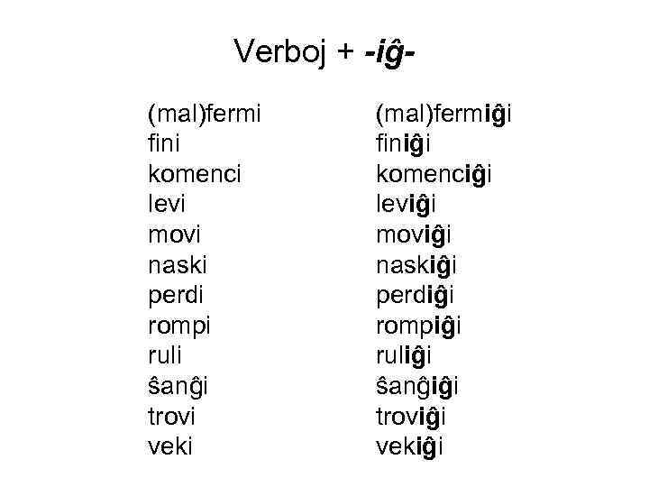 Verboj + -iĝ(mal)fermi fini komenci levi movi naski perdi rompi ruli ŝanĝi trovi veki
