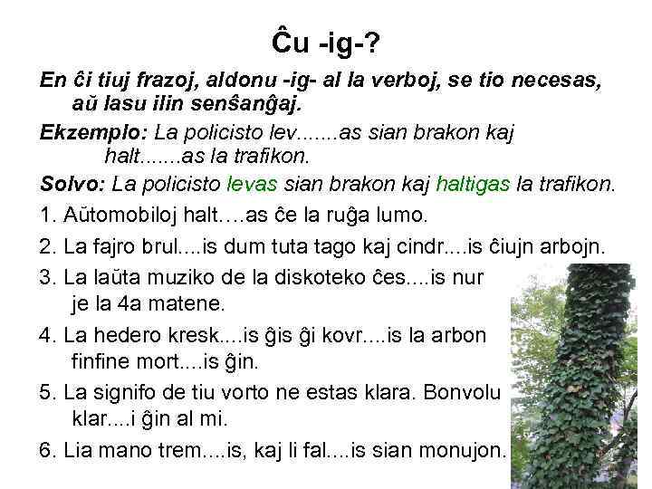 Ĉu -ig-? En ĉi tiuj frazoj, aldonu -ig- al la verboj, se tio necesas,