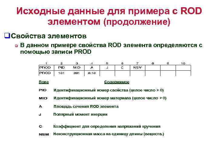 Исходные данные для примера с ROD элементом (продолжение) q. Свойства элементов q В данном
