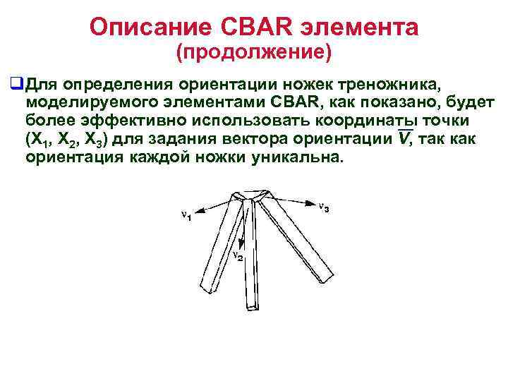 Описание CBAR элемента (продолжение) q. Для определения ориентации ножек треножника, моделируемого элементами CBAR, как