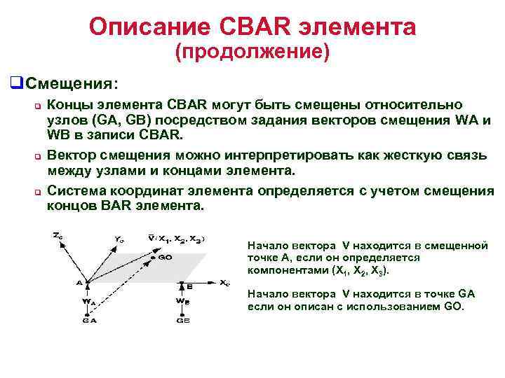 Описание CBAR элемента (продолжение) q. Смещения: q q q Концы элемента CBAR могут быть