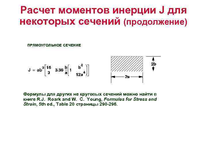 Расчет моментов инерции J для некоторых сечений (продолжение) ПРЯМОУГОЛЬНОЕ СЕЧЕНИЕ Формулы для других не