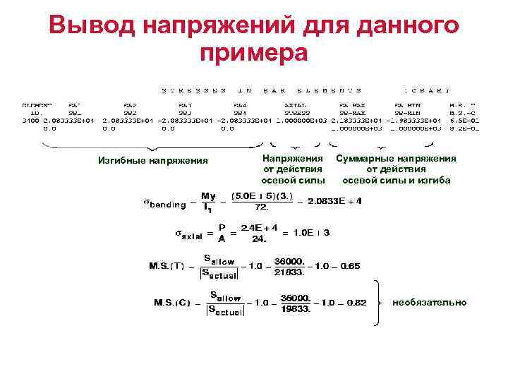 Вывод напряжений для данного примера Изгибные напряжения Напряжения от действия осевой силы Суммарные напряжения