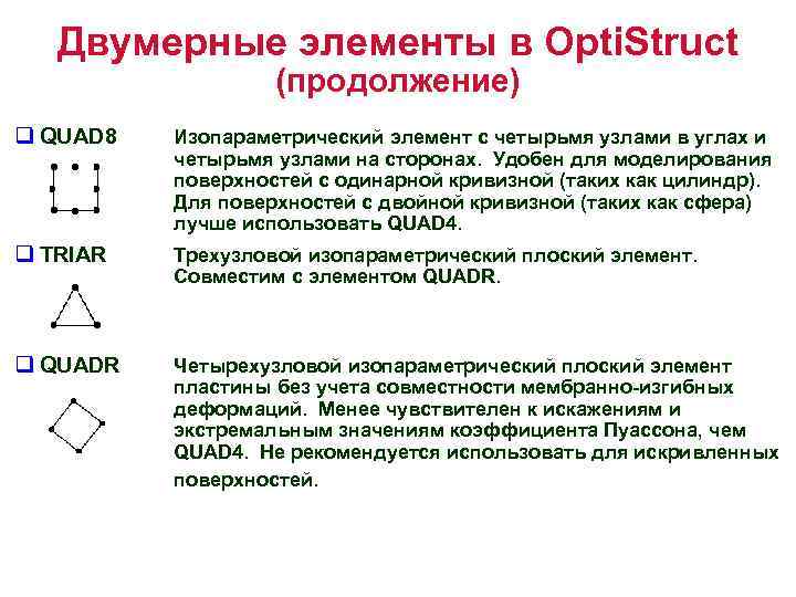 Двумерные элементы в Opti. Struct (продолжение) q QUAD 8 Изопараметрический элемент с четырьмя узлами