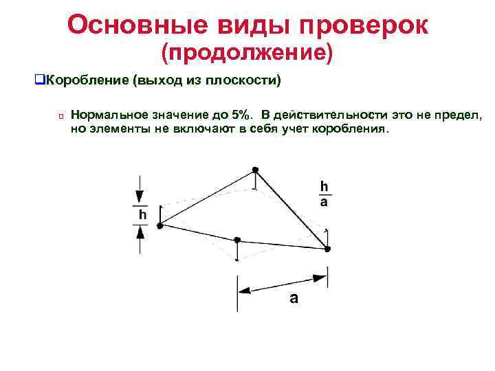 Основные виды проверок (продолжение) q. Коробление (выход из плоскости) q Нормальное значение до 5%.