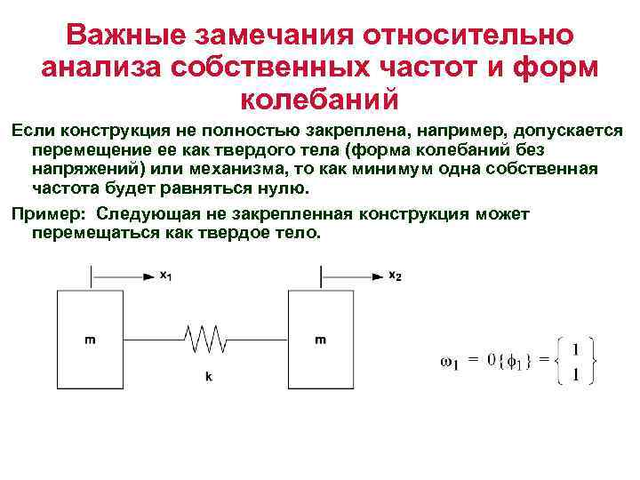 Важные замечания относительно анализа собственных частот и форм колебаний Если конструкция не полностью закреплена,