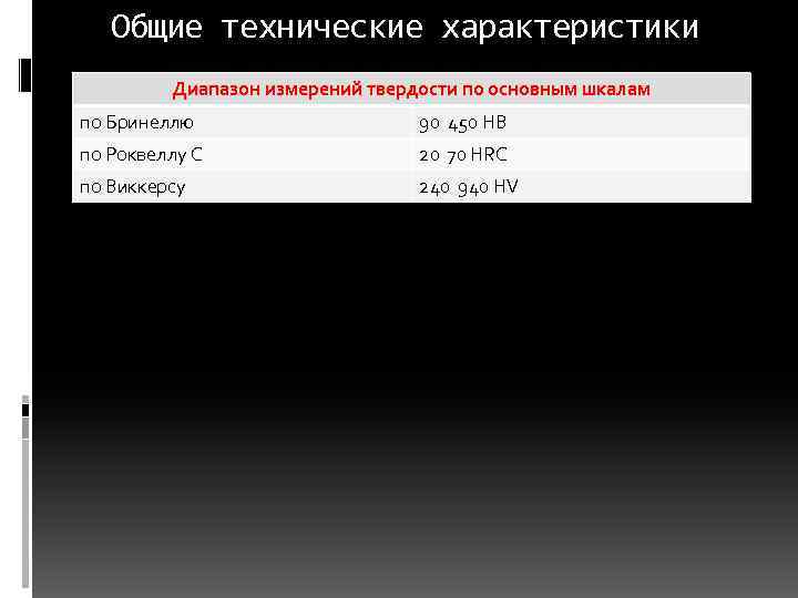 Общие технические характеристики Диапазон измерений твердости по основным шкалам по Бринеллю 90 450 НВ