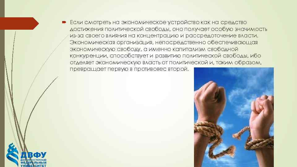  Если смотреть на экономическое устройство как на средство достижения политической свободы, оно получает