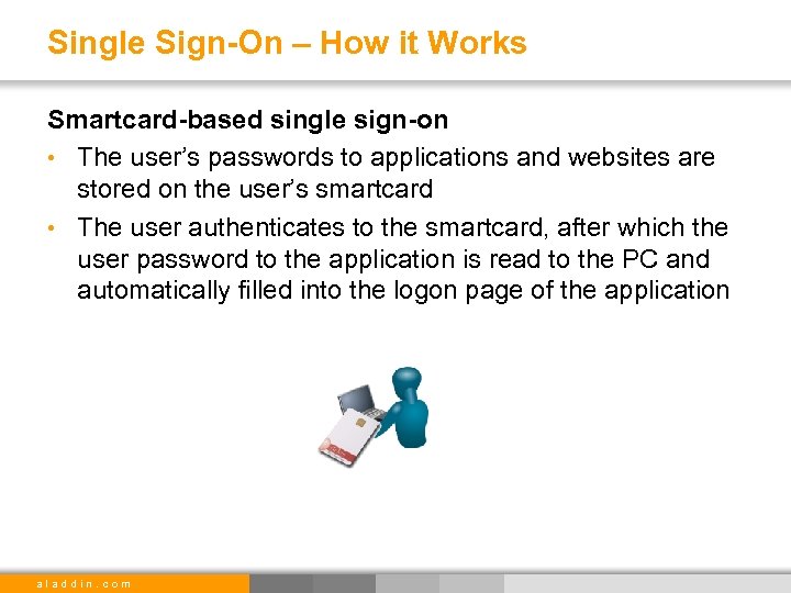 Single Sign-On – How it Works Smartcard-based single sign-on • The user’s passwords to