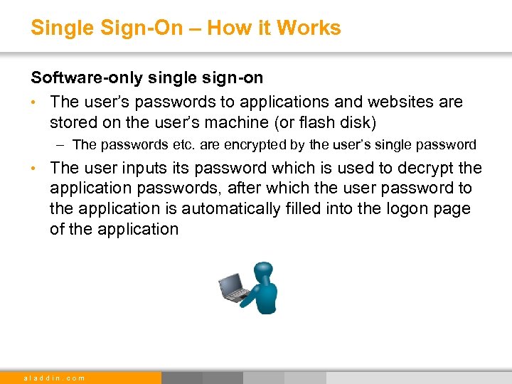 Single Sign-On – How it Works Software-only single sign-on • The user’s passwords to