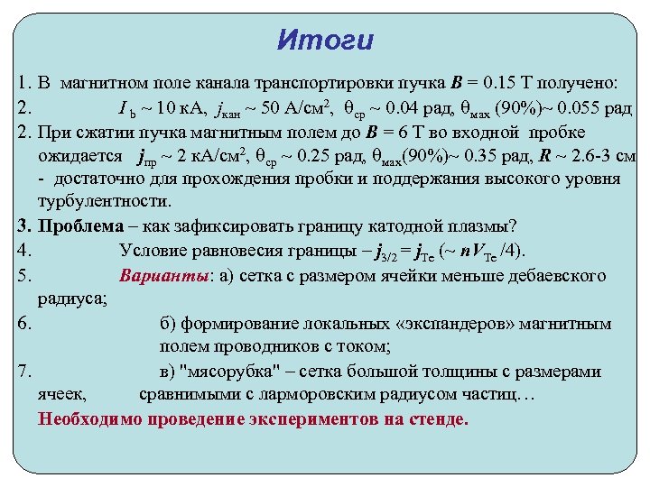 Итоги 1. В магнитном поле канала транспортировки пучка B = 0. 15 Т получено: