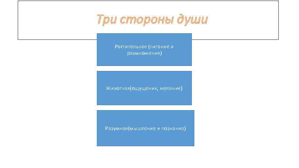 Три стороны души Растительная (питание и размножение) Животная(ощущения, желания) Разумная(мышление и познание) 