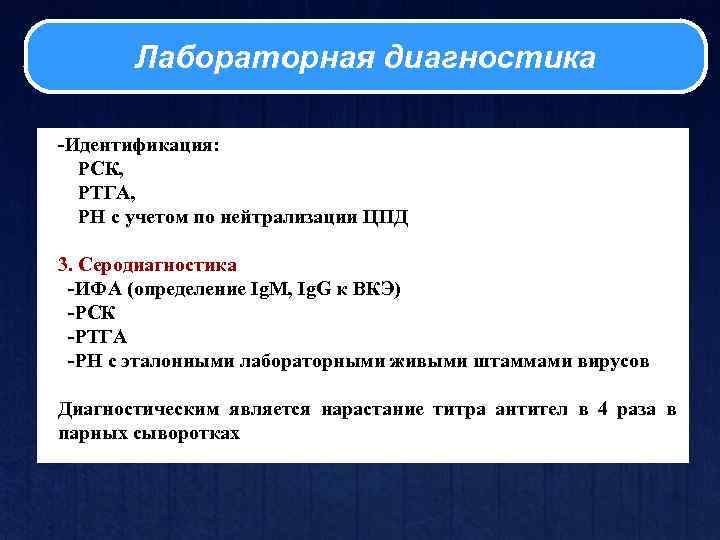 Лабораторная диагностика -Идентификация: РСК, РТГА, РН с учетом по нейтрализации ЦПД 3. Серодиагностика -ИФА