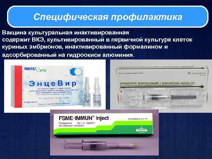 Специфическая профилактика Вакцина культуральная инактивированная содержит ВКЭ, культивированный в первичной культуре клеток куриных эмбрионов,