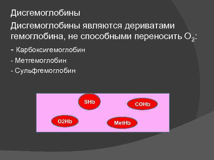 Дисгемоглобины являются дериватами гемоглобина, не способными переносить О 2: - Карбоксигемоглобин - Метгемоглобин -