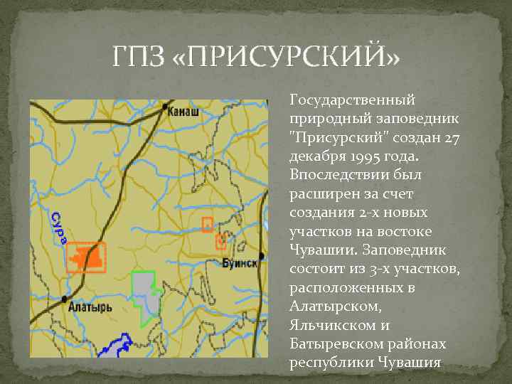 ГПЗ «ПРИСУРСКИЙ» Государственный природный заповедник "Присурский" создан 27 декабря 1995 года. Впоследствии был расширен