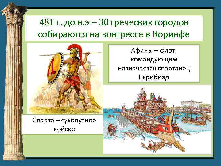 481 г. до н. э – 30 греческих городов собираются на конгрессе в Коринфе