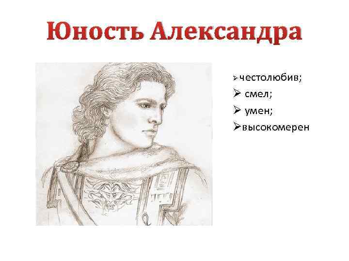 Юность Александра честолюбив; Ø смел; Ø умен; Øвысокомерен Ø 