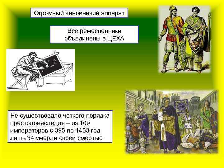 Огромный чиновничий аппарат Все ремесленники объединены в ЦЕХА Не существовало четкого порядка престолонаследия –