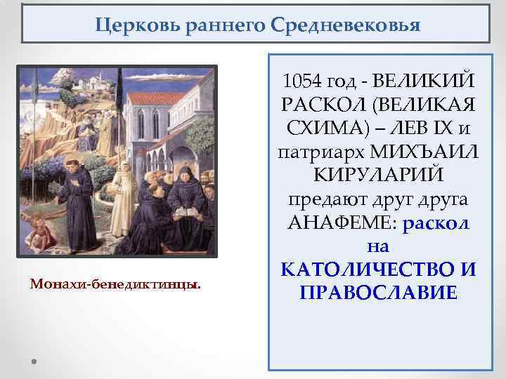 Церковь раннего Средневековья Монахи-бенедиктинцы. 1054 год - ВЕЛИКИЙ РАСКОЛ (ВЕЛИКАЯ СХИМА) – ЛЕВ IХ