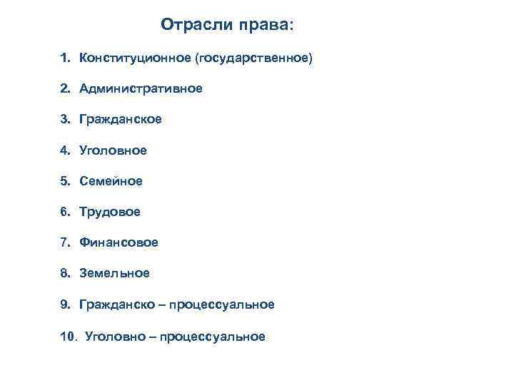 Отрасли права: 1. Конституционное (государственное) 2. Административное 3. Гражданское 4. Уголовное 5. Семейное 6.