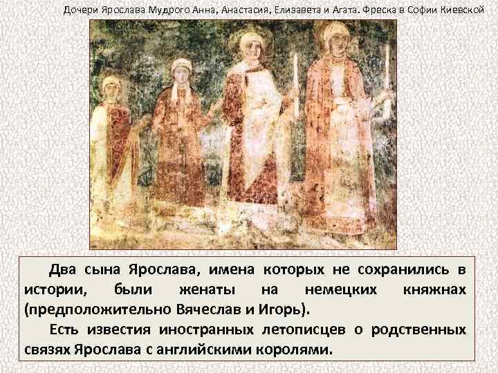 Дочери Ярослава Мудрого Анна, Анастасия, Елизавета и Агата. Фреска в Софии Киевской Два сына