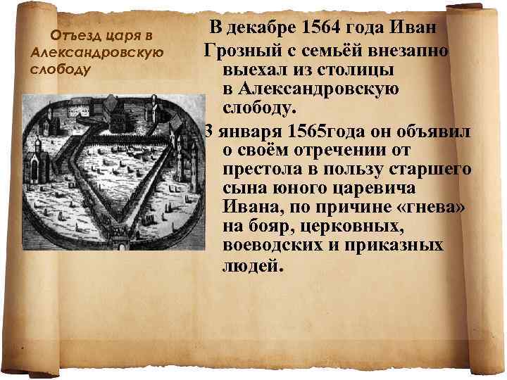 Отъезд царя в Александровскую слободу В декабре 1564 года Иван Грозный с семьёй внезапно