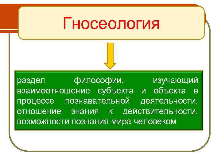 Гносеология раздел философии, изучающий взаимоотношение субъекта и объекта в процессе познавательной деятельности, отношение знания