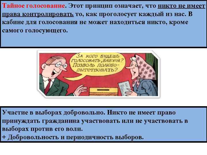 Тайное голосование. Этот принцип означает, что никто не имеет права контролировать то, как проголосует
