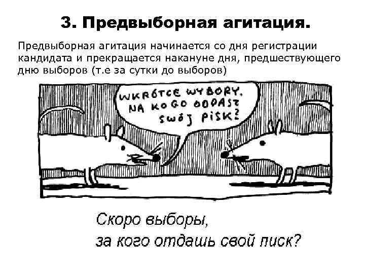  3. Предвыборная агитация начинается со дня регистрации кандидата и прекращается накануне дня, предшествующего