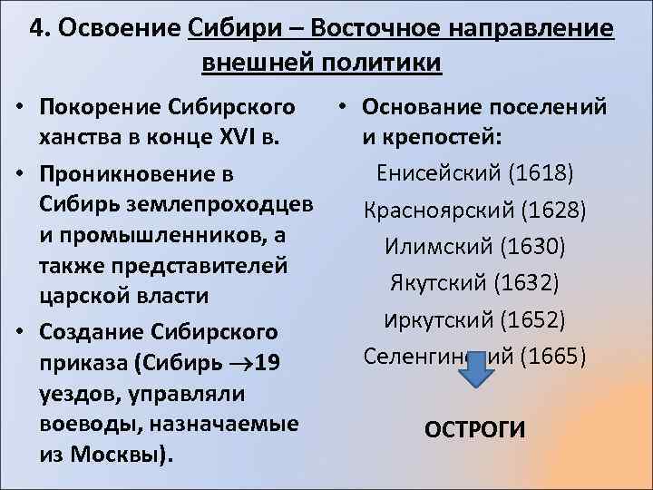 4. Освоение Сибири – Восточное направление внешней политики • Основание поселений • Покорение Сибирского