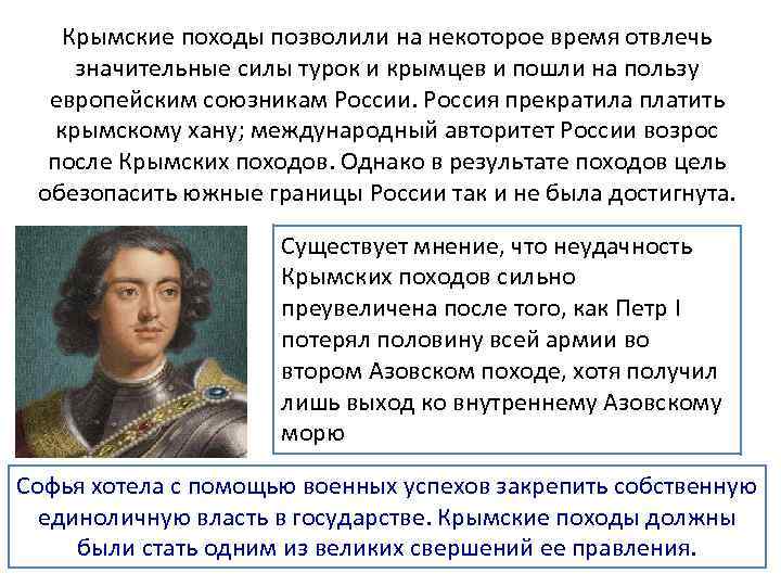 Крымские походы позволили на некоторое время отвлечь значительные силы турок и крымцев и пошли