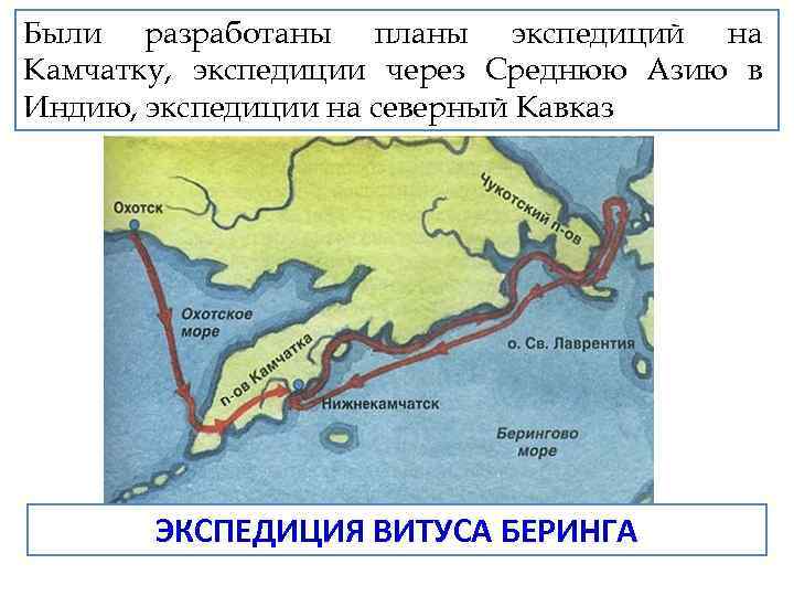 Были разработаны планы экспедиций на Камчатку, экспедиции через Среднюю Азию в Индию, экспедиции на