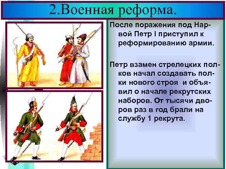 2. Военная реформа. Меню После поражения под Нарвой Петр I приступил к реформированию армии.