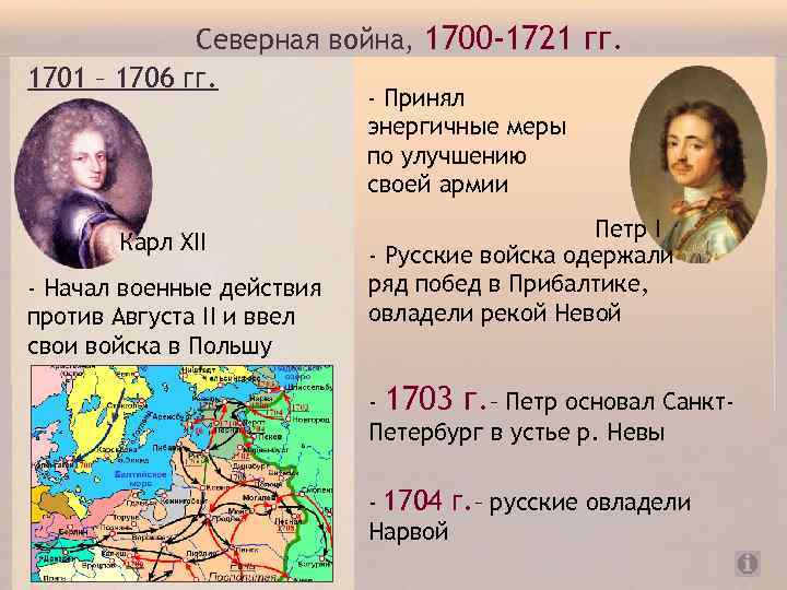 Северная война, 1700 -1721 гг. 1701 – 1706 гг. - Принял энергичные меры по